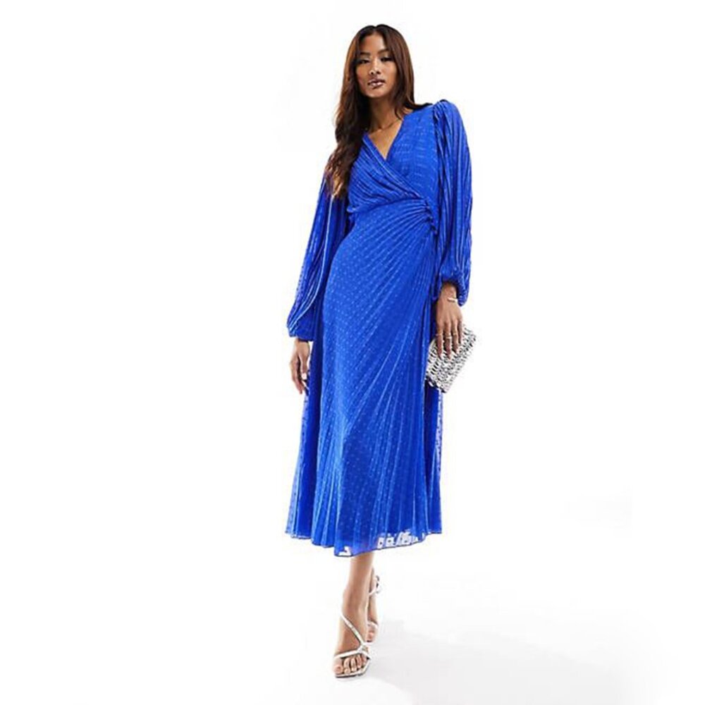 ASOS DESIGN Pleated Chiffon Maxi Cobalt Dress with Dotted Texture, size 14, NWT